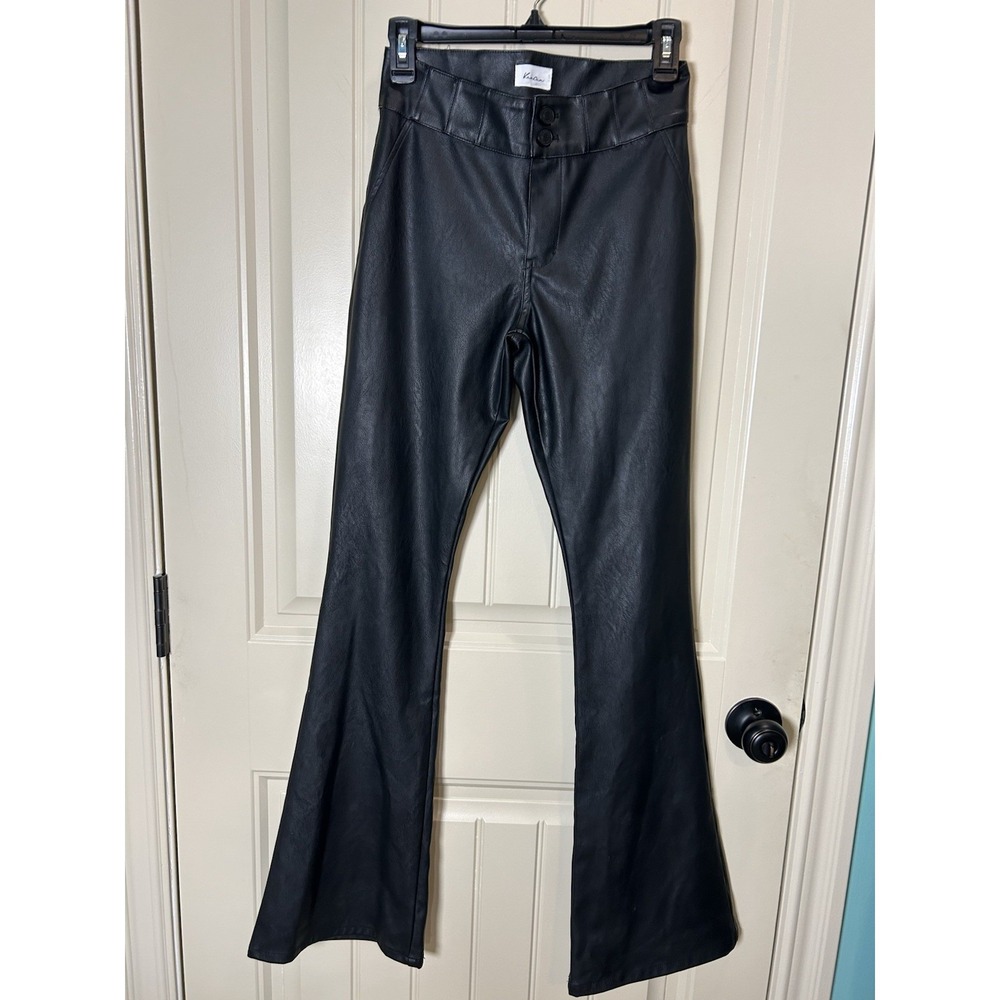 Kancan Woman's Faux Leather Pants Sz 24 Black Long Flare Festival Paneled Chic